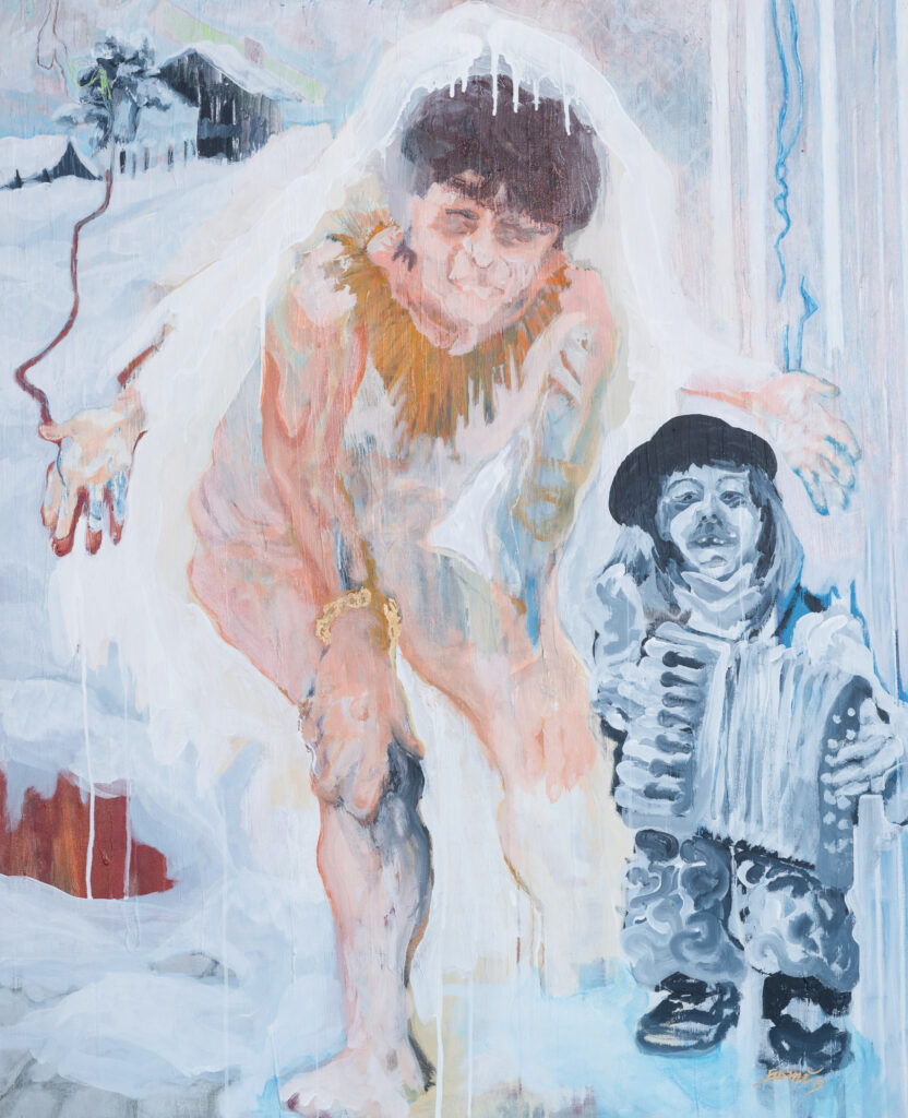Mann im Schnee und Faschingsgeister, Mischtechnik, 2013, 100 x 120 cm